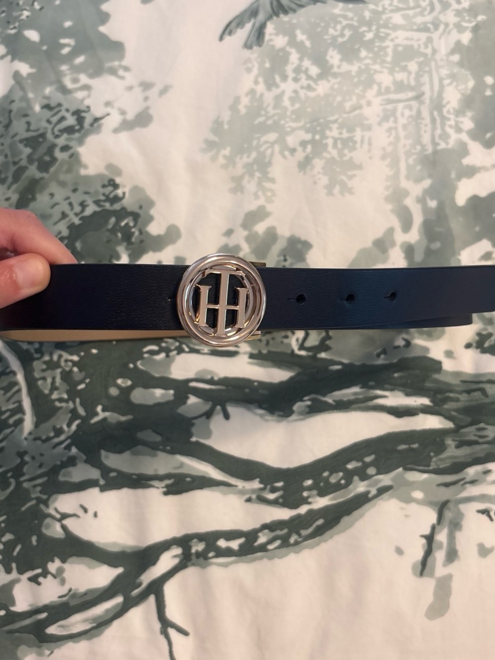 Tommy Hilfiger Dark Blue Leather Belt with Gold TH Round Buckle